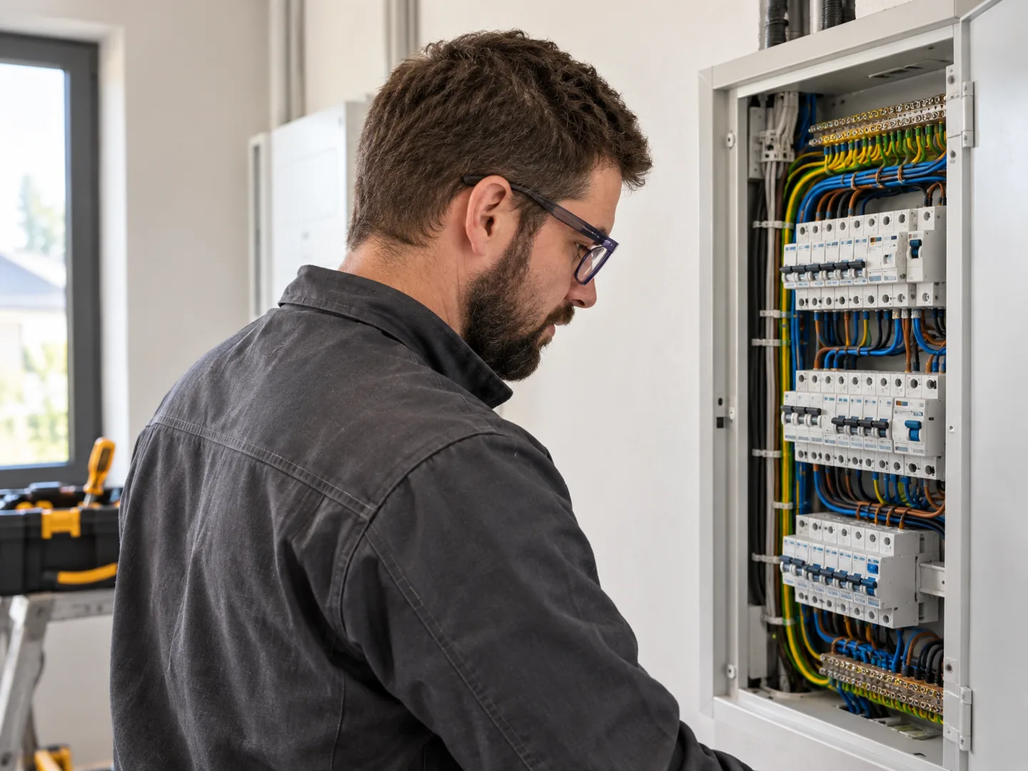 Elektryk przy otwartej rozdzielnicy w pomieszczeniu technicznym
